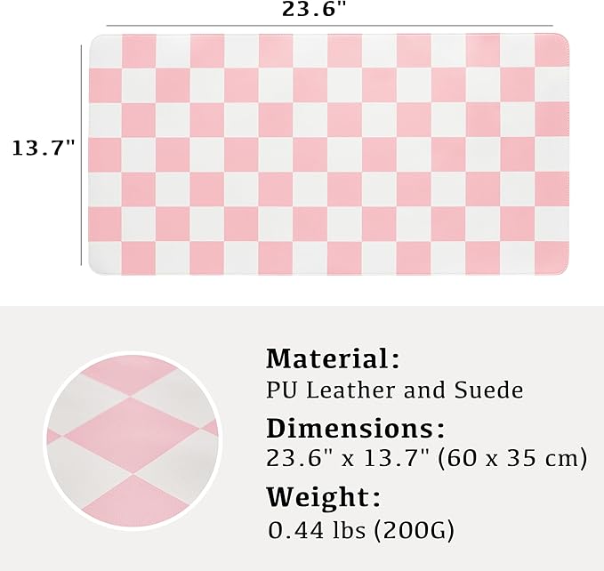 Checkered Desk Mat, Large Cute Aesthetic Retro PU Leather Computer Laptop Desk Mat, Non-Slip Waterproof Mouse Keyboard Pad, Desk Writing Mat for Work/Home (Pink, 23.6" x 13.7")