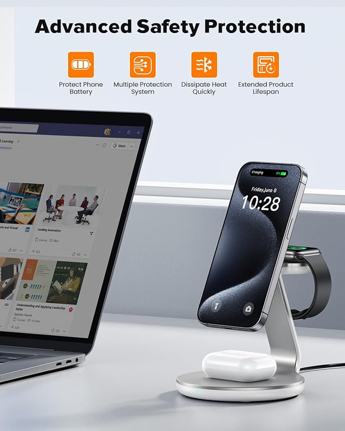 3 in 1 Charging Station Compatible with Magsafe Charger Wireless Charger Stand for iPhone 17 16e 16 15 14 13 12 Wireless Charging Station for AirPods Wireless Charging Stand for iWatch Series