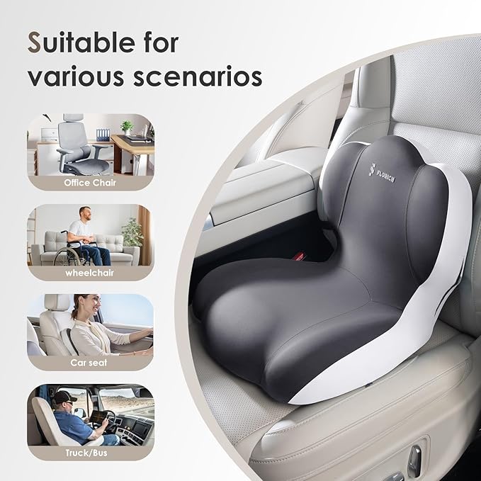 FLORICH Memory Foam Truck Seat Cushion,Car Seat Cushion and Lumbar Support Pillow for Office Chair, Ergonomic Back Support & Sciatica Relief for Long Drives(Grey)