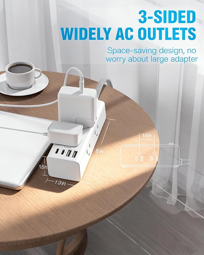 Flat Plug Extension Cord 20Ft, One Beat 900J Surge Protector Power Strip 20 Ft Cord with 6 Widely Outlets 4 USB Ports (2 USB C), Wall Outlet Extender Extension Cord for College Dorm Room Home Office