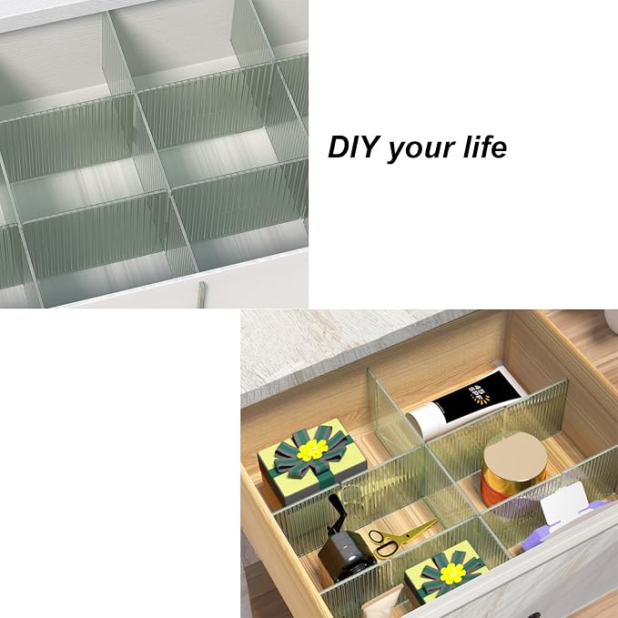Onerbuy 8pcs Adjustable Grid Drawer Dividers DIY Plastic Closet Separator Tidy Organizer Container for Underwear Socks Belt Office Supplies(Transparent Green)