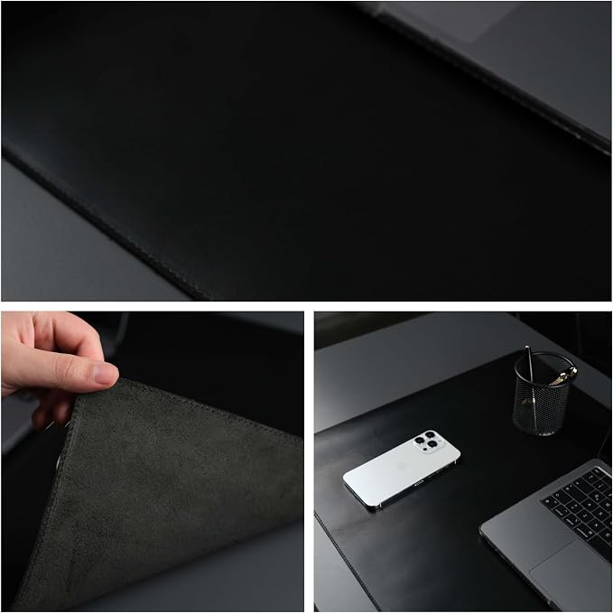 Jersey Genuine Calfskin Leather Desk Pad, Office Desk Mat with Non-Slip Bottom, Smooth Surface for Mouse & Keyboard, Desk Protector (36x19 inches) (Black)