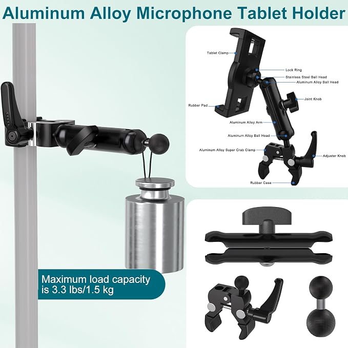 Mippko iPad Holder for Microphone Stand,Mic Music Stand Tablet Holder Mount,360°Adjustment Aluminium Alloy Arm Super Crab Clamp,Compatible with 4.7~12.9 inch iPad/Nexus/LG G Pads/Smartphones