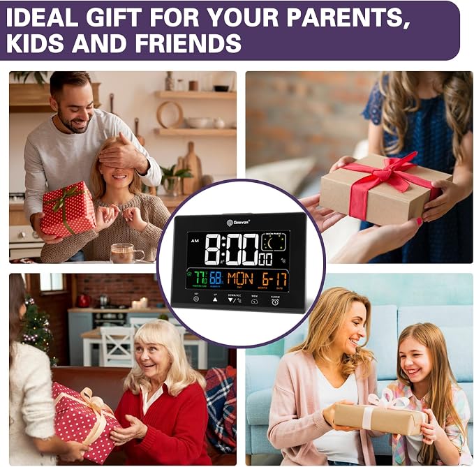 Geevon Digital Atomic Wall Clocks for Seniors Elderly | Self-Setting VA Display Battery Clock with Temp & Humidity,With 2 USB Ports, Calendar & Moon Phases for Living Room Office
