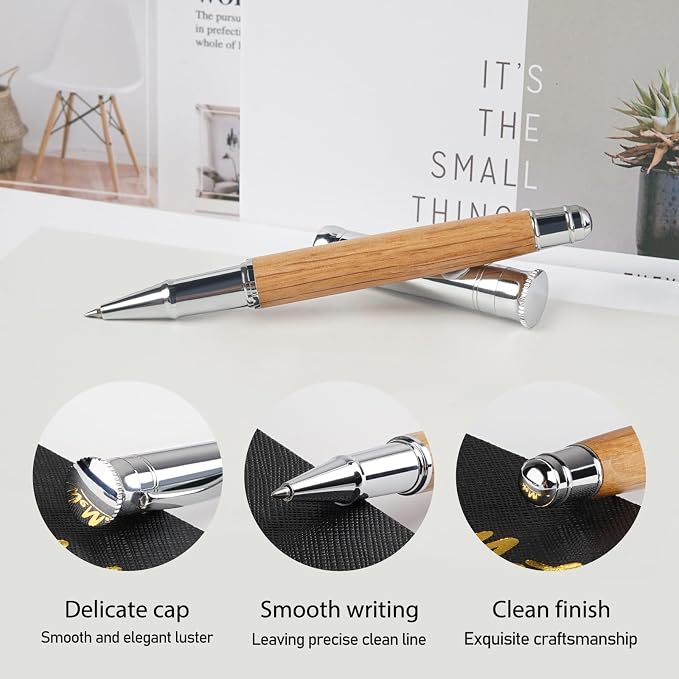 WEMATE Luxury Rollerball Pen Set, Extra 2 Ink Refills(1 Black & 1 Blue), Fancy Writing Pen Nice Office Gift for Men, Professional, Executive, Cool Wooden Pen for Journaling - White Oak
