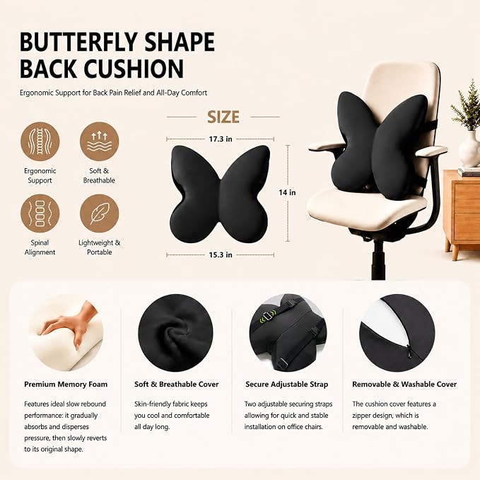 Memory Foam Lumbar Support Pillow,Back Support for Office Chair,Back Pillow for Chair,Ergonomic Lower Back Cushion for Desk Chair,Computer Chair,Gaming Chair and Car Seat,Washable Cover(Black)
