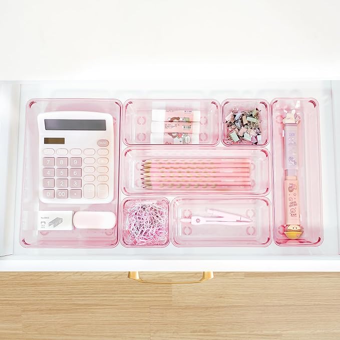 Kitchen Desk Drawer Organizers Storage for Office, Small Acrylic Vanity Trays Makeup Organizer for Drawer Bathroom Plastic Make up Organizers 25 Pcs Pink
