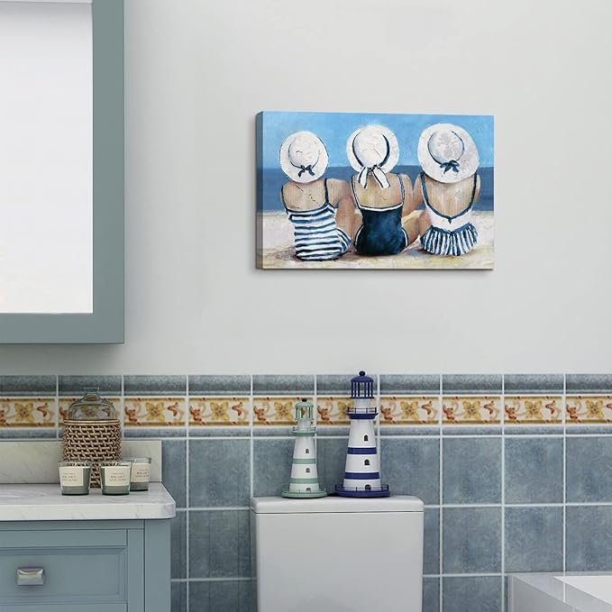 Coastal Beach Wall Art Bathroom Wall Decor Nautical Theme Picture Teen Girls Bedroom Decor Retro Vintage Blue Ocean Poster Swimsuit Girl Painting Beauty Room Artwork Beachy Home Decorations 12x16”