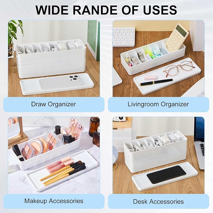Tatuo 1 Pcs Cord Organizer for Drawer Desktop, Cable Organizer Box with 8 Compartments and Wire Ties, Plastic Charger Storage with Lid, Electronics Case for Home Office Accessories (Small,White)
