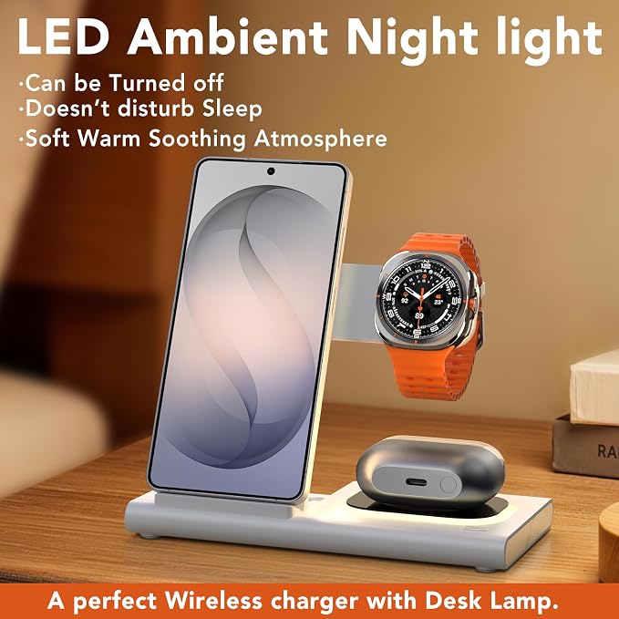 Wireless Charger for Samsung Charger (Foldable & Nightlight),3 in 1 Charging Station for Samsung S26 Ultra/S25/S24/S23/S22/Note20 Z Fold Flip7, Travel Charger for Galaxy Watch 8/7/6/5/4/3/Galaxy Buds4