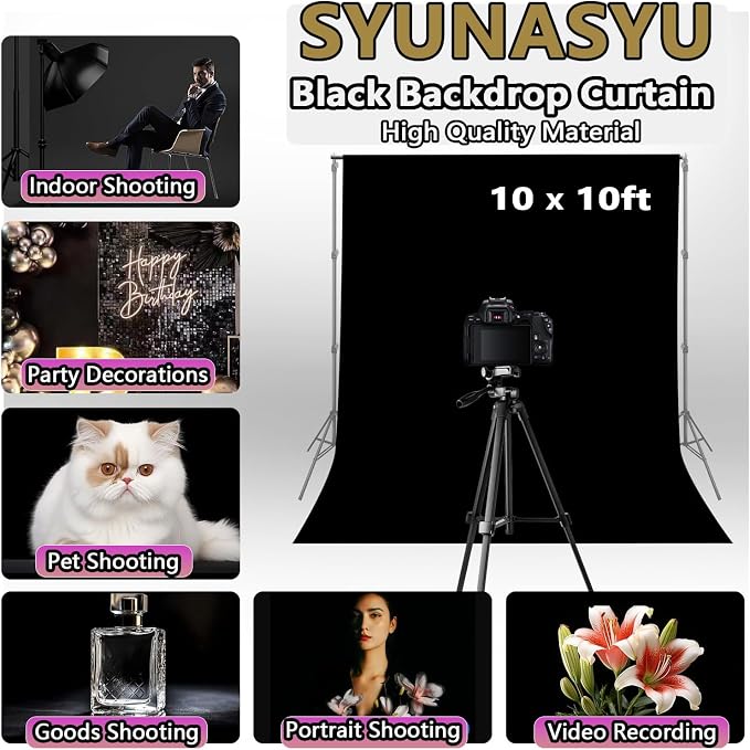 Black Backdrop 10 X 10 Ft, Solid Black Photo Backdrop, High Density Polyester Fabric Pure Black Backdrop Curtain Screen, Collapsible Seamless Black Background for Photoshoot Party Video Studio