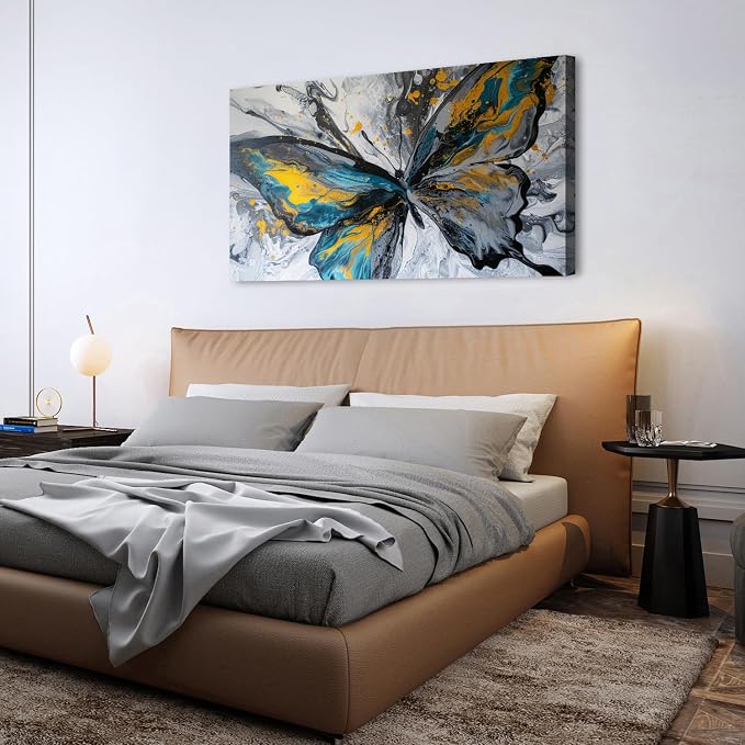 Abstract Butterfly Wall Art Teal Grey Yellow Butterfly Wall Decor Modern Marble Textured Canvas Poster Luxury Fluid Pictures Watercolor Neutral Artwork Living Room Bedroom Home Decoration 30x60"
