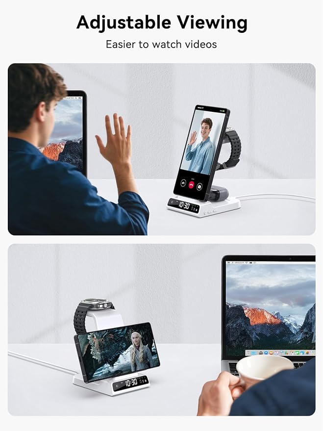 Wireless Charger for Samsung Charging Station with Clock for Samsung Galaxy S25 Ultra/S24 Ultra/Z Flip 7/Z Fold 6/Galaxy Bud, 3 in 1 Charger Station Watch Charger for Galaxy Watch 8/7/6/5 Pro (White)