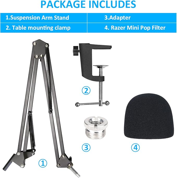 Seiren Mini Boom Arm Mic Stand with Pop Filter, Adjustable Suspension Boom Scissor Arm Stand with Pop Filter for Razer Seiren Mini USB Streaming Microphone by SUNMON