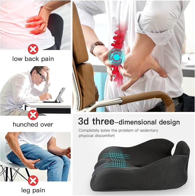 Benazcap Standard Memory Seat Cushion, Sciatica Pain Relief, Black | Ergonomic design, Office Chair, Memory Foam Firm for Car, Wheelchair, Gaming Chair and Desk Chair