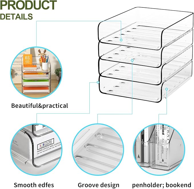 FANXIYQ 4-Tier Acrylic Paper Tray Organizer, Clear Stackable Desk File Organizer for Documents, Files, Letters, A4 Paper, Books, Notes, Mail & Paper Storage, Office Classroom Home