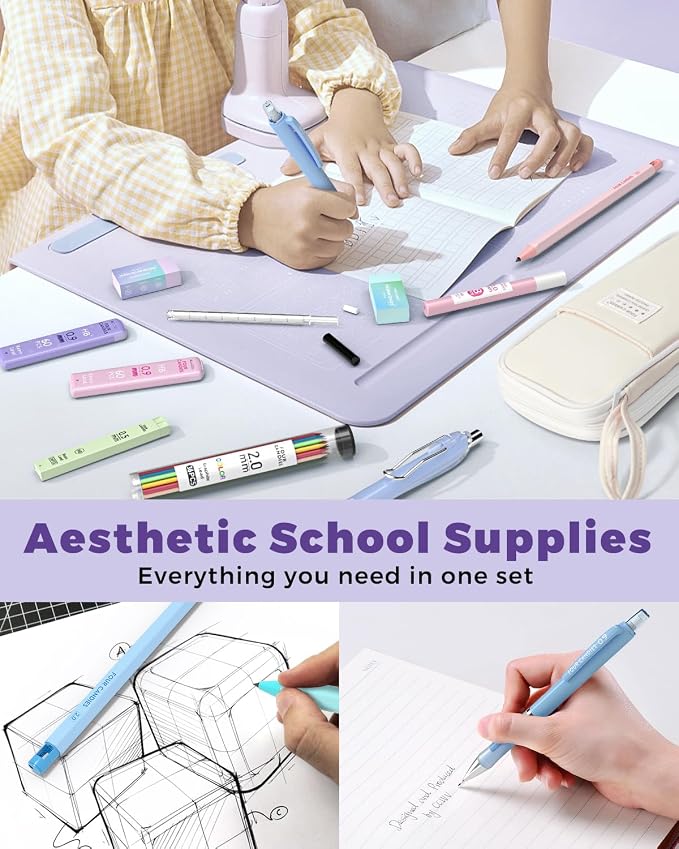 Four Candies 42PCS Aesthetic School Supplies, Mechanical Pencils 0.5mm, 0.7mm, 0.9mm & 2.0mm with 696PCS Lead Refills, Cute Mechanical Pencil Set for Writing, Drawing & Drafting (Cream)