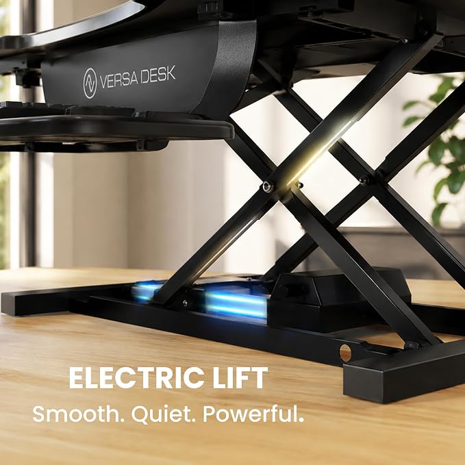 VERSADESK PowerPro 40 Inch Electric Standing Desk Converter – Push-Button Height Adjustable Sit to Stand Desk Riser for Triple Monitors & Laptop – Motorized Desktop Workstation with Wide Keyboard Tray