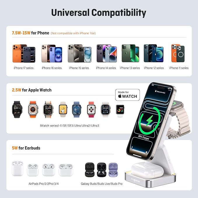 【2026 Upgraded】Wireless Charger 3 in 1, Foldable Wireless Charging Station with Light for Apple Magnetic Charger, Travel Magnetic Charger for iPhone 17/16/15/14/13/12 Apple Watch AirPods (20W Adapter)