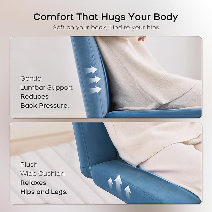 LukkDys Criss Cross Chair with Wheels, Wide Cross Legged Desk Chair, Comfy Fabric Vanity Chair for Home Office Bedroom, Adjustable Armless Swivel Task Chair with 90–115° Tilt, Denim Blue