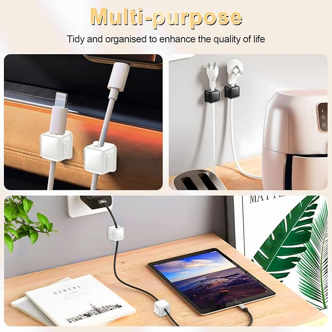 18 Pack Cord Organizer Holder, Magnetic Cable Clips Management, Easy Adhesive Phone Charging Cable Keeper, Hide Or Organize Desk Cable for Kitchen, Office, Car, Nightstand(White and Black)