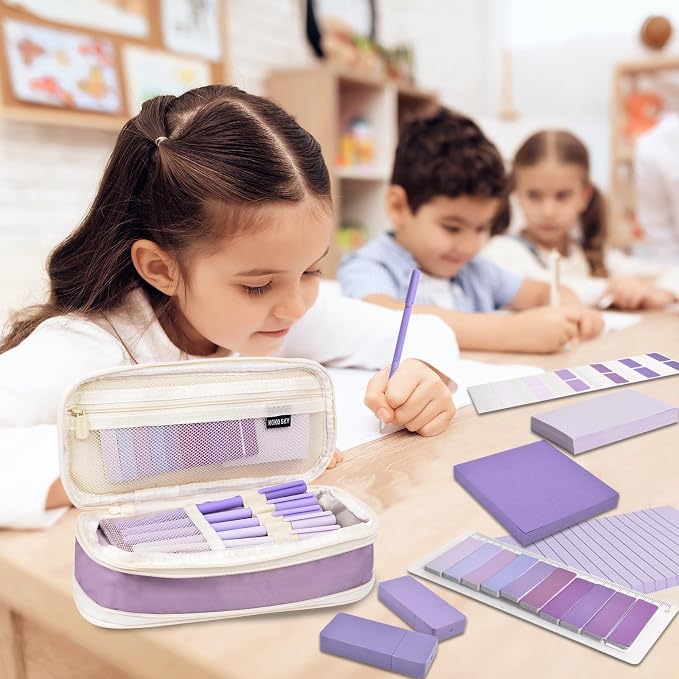 47Pcs Aesthetic School Supplies with Pencil Pouch - Cute College Essentials Set, Big Capacity Pen Case, Pastel Highlighters, Bible Study Journaling Stationary Kit (Purple)