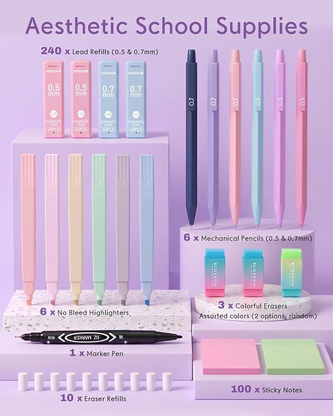 XKDOUS 23PCS Aesthetic School Supplies, Mechanical Pencils 0.5 & 0.7mm with 240 Lead Refills, Pastel Highlighters, Transparent Sticky Notes Stationary Set for Planning, Journaling and Back to School