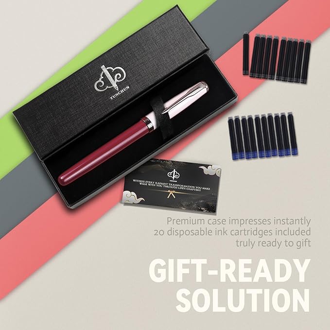 YUNCHUN Fountain Pens Set for Writing, Fancy Medium Nib Ink Pens of Morandi Color with 5 Black and 5 Blue Refills Cartridges, Best Pen Gift Set for Men & Women, Office Professional Pen for Work, Pink