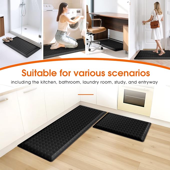 TranquilRelax 4/5 Inch Thick Anti-Fatigue Kitchen Mats 2Pcs, Cushioned Non-Slip Waterproof Sink & Stove Floor Mats, Comfortable Standing Rug Set for Kitchen, Laundry & Entryway, Black