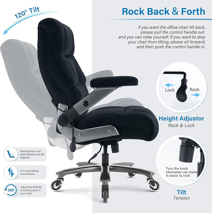 Big and Tall Office Chair 700lbs, Fabric Heavy Duty Executive Desk Chair | 3D Flip Arms, Extra Wide, Upgraded Wheels, Adjustable Lumbar Support, Metal Base, Large Ultra-Soft Ergonomic Computer Chairs