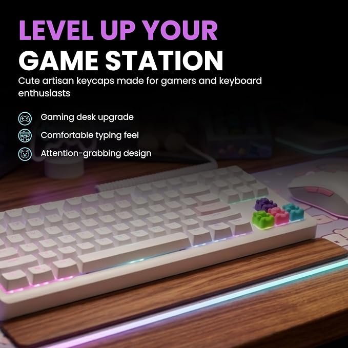 Kawaii Gummy Bear Keycaps - Pack of 4 Cute Colorful OEM Profile Artisan Keycap Set in Pink, Green, Baby Blue, & Purple Compatible with Mechanical Keyboard for Cool, Fun & Aesthetic Gaming PC Decor