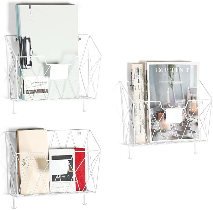 OYEAL Hanging Wall File Organizer, Vertical Wall Mounted Magazine File Holder with Hooks, 6 Pockets Mount Basket Mail Paper Holder for Office Home, White