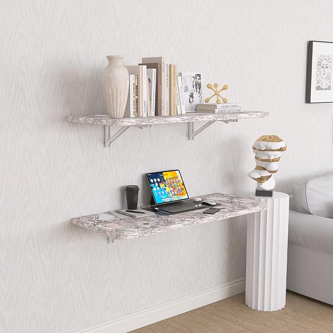 Wall Mounted Folding Table 40"x 16" with Removable Heavy-Duty Brackets Support Up to 200 Pounds Folding Desk for Small Space Home Laundry Room Office Rv Suitable for Solid Wall (Summer Flowers)