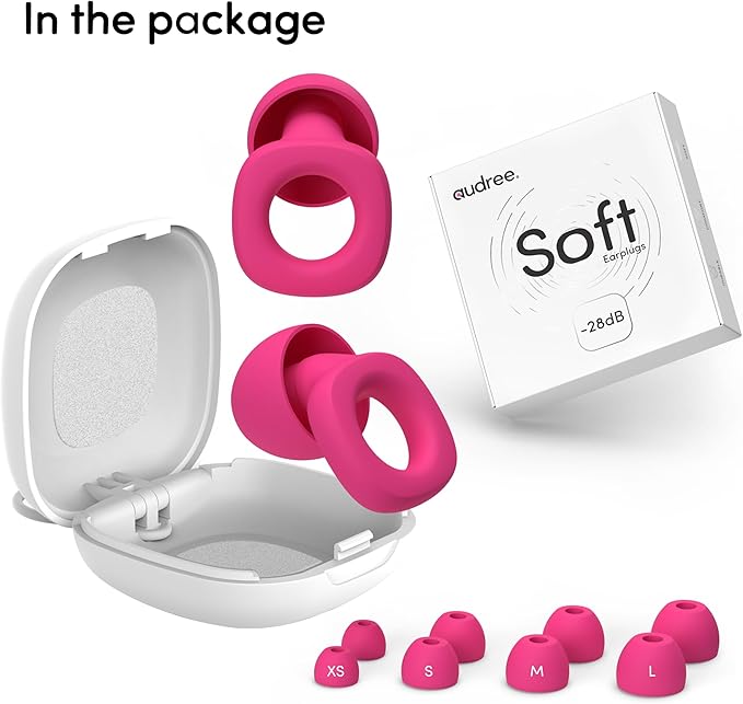 Audree Soft Ear Plugs for Noise Reduction, Reusable Flexible Earplugs for Sleep, Travelling, Focus, Study & Noise Sensitivity, 28dB Noise Cancelling, 8 Silicone Ear Tips in XS/S/M/L, Rose