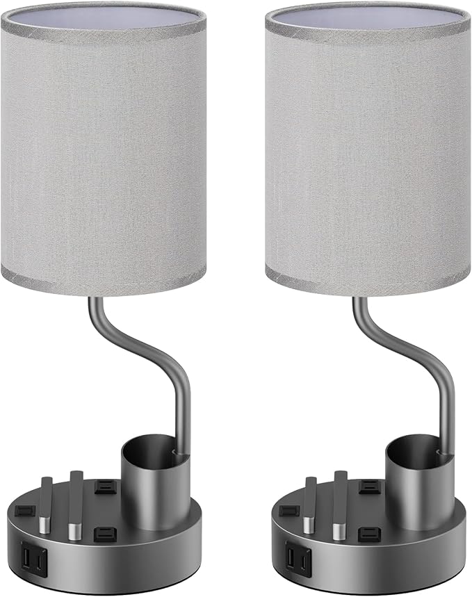 Grey Bedside Table Lamps for Bedroom Set of 2 - Nightstand Light with AC Outlet and USB A & C for Charging, 3 Color Temperatures Desk Lamp with Pen Holder & Phone Stand for Living Room/Dorm/Office