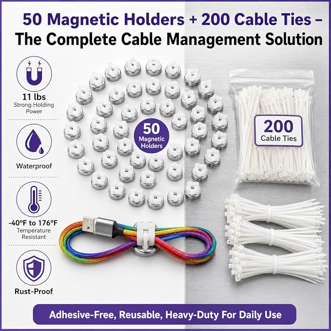 Magnetic Cable Zip Tie Mounts Kit, 50 Pcs Holders with 200 Pcs Cable Ties, Heavy-Duty Magnetic Wire Management for Desk, Office, Home, Automotive, Marine, Multipurpose Cable Clips Organizers, Silver