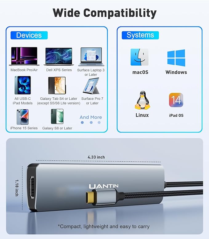 UANTIN USB C Hub 7 in 1 Multiport Adapter with 4K HDMI Dongle, 100W PD, SD/TF Card Reader, 3 USB-A, USBC Docking Station for MacBook Mac Pro/Air, Dell, HP, ASUS, Acer and Other Type C Laptops