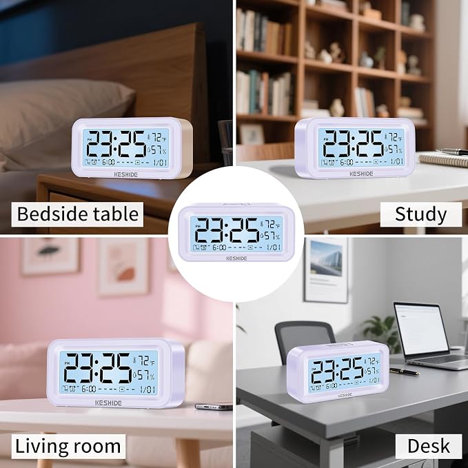Night Light Digital Alarm Clock Battery Operated with Indoor Temperature Humidity, Desk Small Clock,Snooze Model,12/24H Display for Bedrooms Heavy Sleepers Kids Travel Bathroom (Purple)