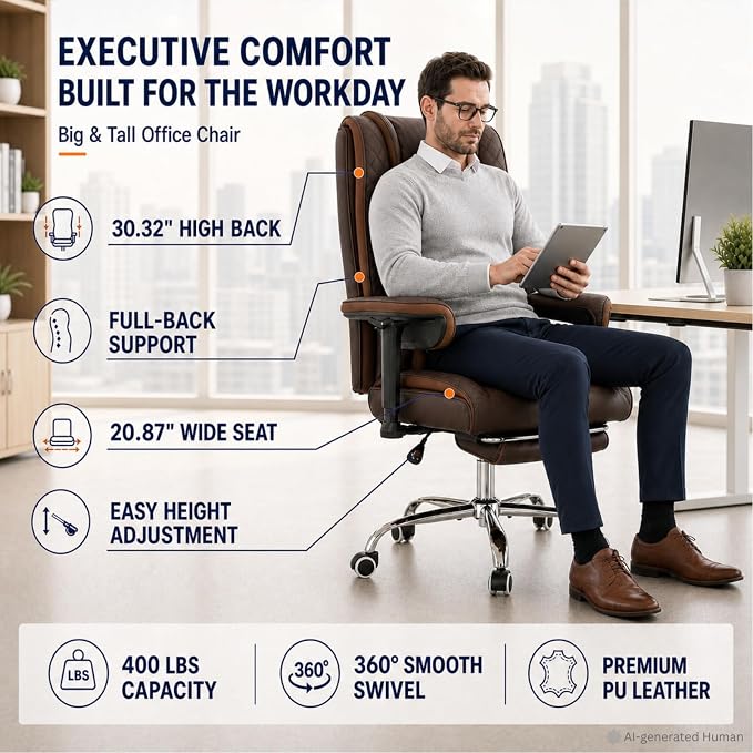 Big and Tall Office Chair,Heavy Duty Wide Executive Office Chair (Brown) | Breathable Leather,Double-layered Backrest,Seat Cushion Designed of Deluxe Embroidery Leather,Foot Rest, Adjustable Armrests