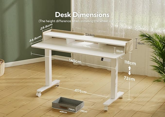 Claiks Standing Desk with Drawers & Wheels, 2 Height Shelf 55inch White | 2 height adjust shelf, tabletop drawers, felt fence design, sturdy supports 176 lbs, 4 wheels, 2 tire monitor stand
