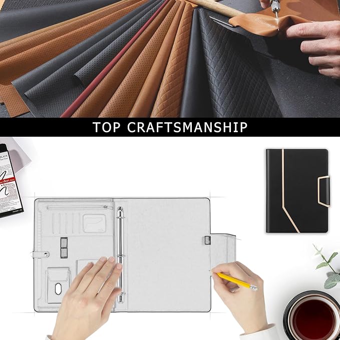Toplive Portfolio 3 Ring Binder, Business PU Leather Padfolio Organizer Case, Executive Portfolio Folder for Interview Resume Conference 12.8" x 9.5", Black