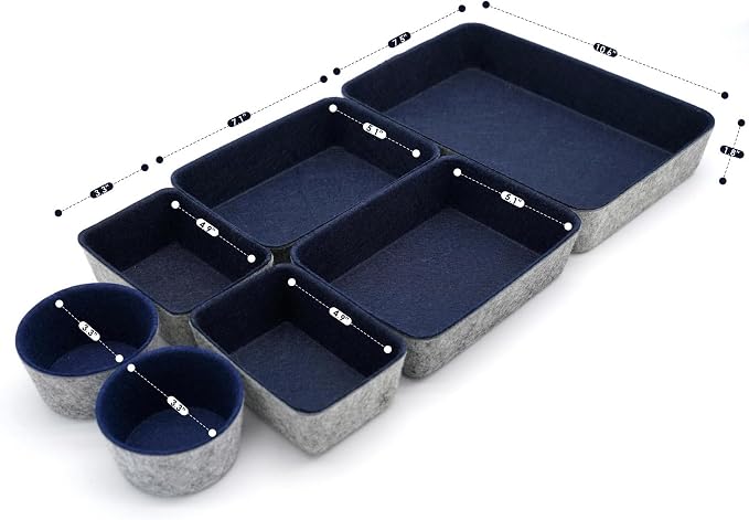 7 Piece Felt Desk Drawer Organizer Storage Bin Navy Catchall Tray | Sustainable material soft yet sturdy,multi-purpose storage, sleek minimalist lifestyle