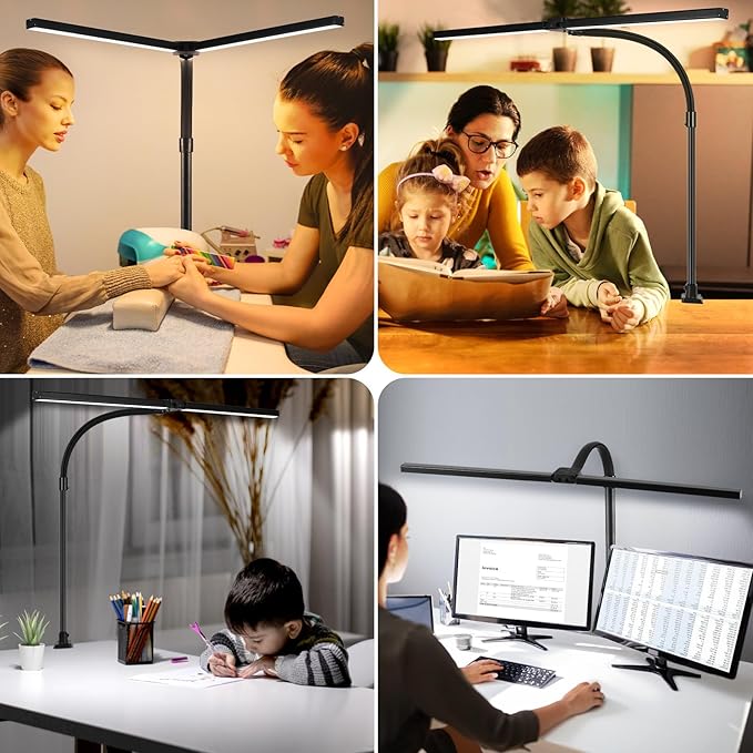 LED Desk Lamp for Office Dorm Home - Eye Caring Desk Light 18W Gooseneck Dimmable Table lamp with Anti-Glare Cover Clamp(No Remote)