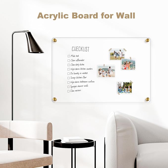 Large Clear Acrylic Dry Erase Board, 36" X 24" Golden Non-Magnetic Frameless Clear White Board for Wall, Erasable Acrylic Board for Wall, Home, Office, School, 2 Markers
