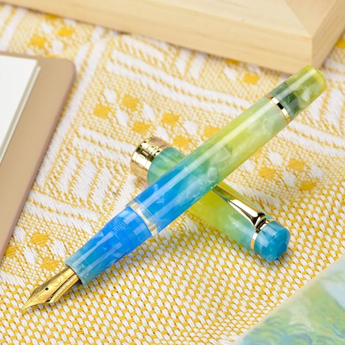 Asvine P20 Gradual Yellow Piston Fountain Pen, Iridium Fine Nib Gold Trim Smooth Writer Collection Resin Pen with Case Set
