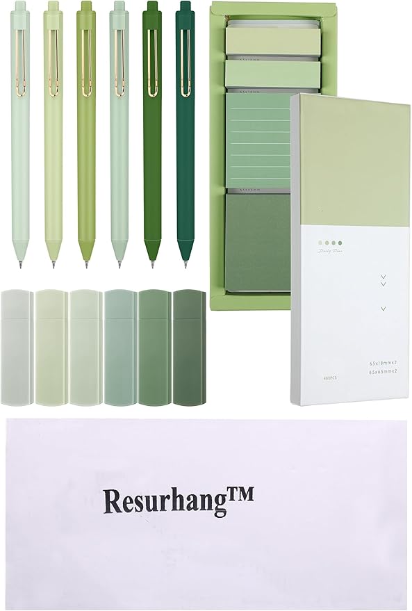 Aesthetic Stationery Set Supplies Sticky Notes Set 6 Mini Correction Tapes 6 Retractable Black Ink Pens 0.5mm Fine Point Paper Corrective Pen Self Stick Index Tabs(Green)