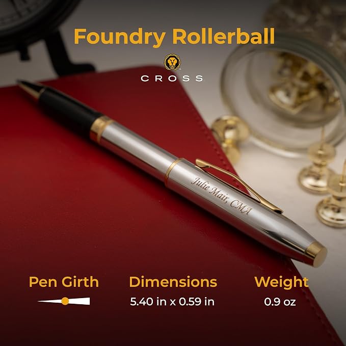 Personalized Cross Foundry Rollerball Pen | Engraved Polished Chrome with PVD Gold Trim | Custom Medalist Rollerball for Executives, Graduates, and First-Time Cross Writers