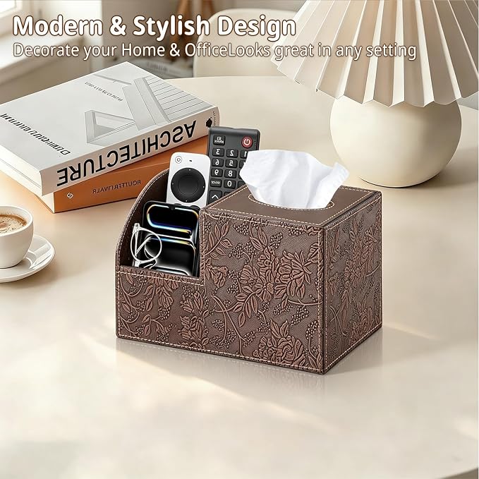 PU Leather Square Tissue Box Cover - Multi-Functional Tissue Box Holder | Tissue Box Cover with Storage ,Tissue and Remote Control Holder, Cube Tissue Box Organizer Bedroom Nightstand End Table