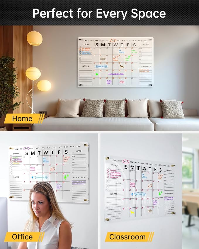 Acrylic Wall Calendar with Dry Erase Surface | 28x20 Clear Monthly Planning Board | Includes 8 Color Markers, Eraser, Multi-Color Standoff Screws, and Installation Kit | Perfect for Home & Office