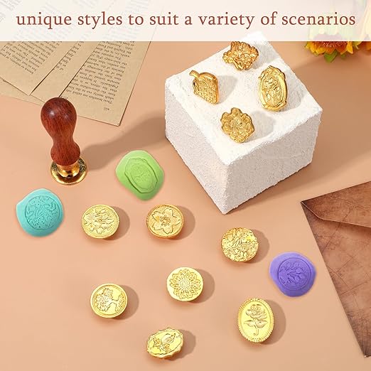 Wax Seal Stamp Kit,12pcs Sealing Wax Stamp Heads Flower Classical Wax Sealing Stamp Crafts Wax Seal Stamp with a Wooden Handle for Invitation Envelopes Letters